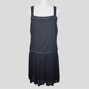 Three Dots Eyelet Sundress M Drop Waist Crochet Black Dress USA Festival Beachy